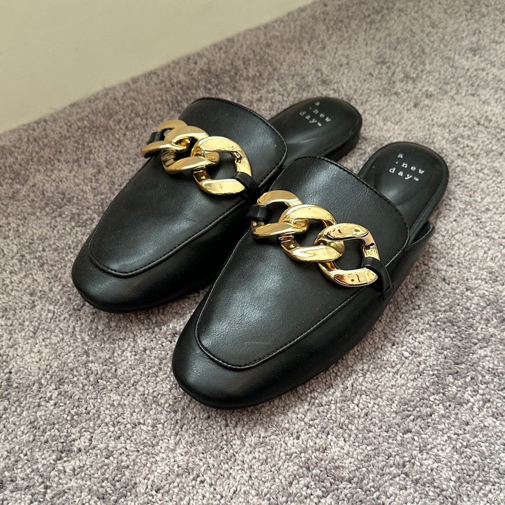 ASOS Black Mules with Gold Chain Detail